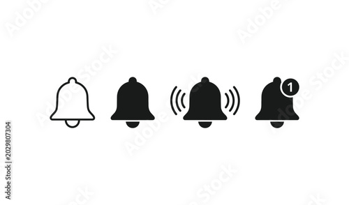 Four different bell icons in black and white on a for notifications and alerts