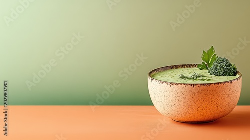 Green broccoli cream soup in a bowl for healthy food and nutrition concepts. Smooth vegetable soup composition ideal for restaurant menus, diet branding and clean eating design.