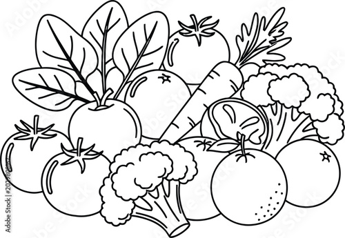 Assortment of fresh vegetables and fruits outline drawing