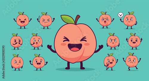 Funny peach fruit emoji character set with various facial expressions like happy angry and winking on teal background.