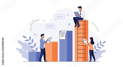 Concept of business data analysis and teamwork with professionals using ladders to reach high points on growing bar charts.