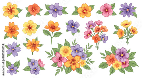 Large set of colorful flower illustrations in yellow purple and orange shades with green leaves in various bouquets and sprigs.