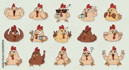 Foto Funny Chicken Stickers Set, Cartoon Roosters Expressing Emotions and Poses