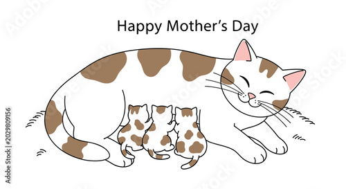 Heartwarming mothers day illustration with mother cat nursing her three kittens while sleeping peacefully on the floor.