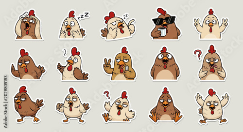 Fotografía Funny Chicken Stickers with Various Emotions and Actions