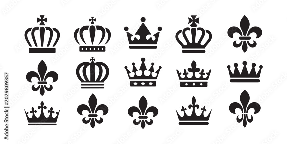 Obraz premium Collection of black crown and fleur-de-lis icons for royal design