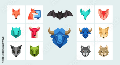 Photography Geometric Animal Heads Collection: Fox, Wolf, Buffalo, Bat, Deer Icons