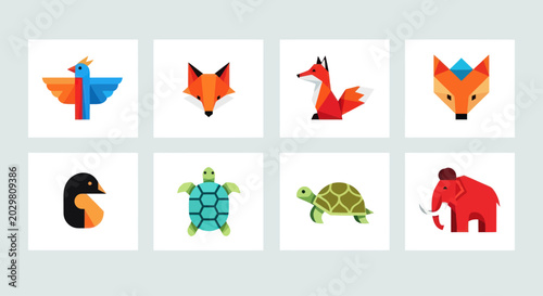 Photography Geometric Animal Icons: Bird, Fox, Penguin, Turtle, Mammoth, and Abstract Faces