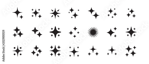 Set of Black Sparkle and Star Icons on White Background