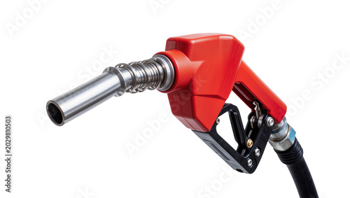 Konstfotografi Red plastic fuel nozzle with metal spout and black hose, isolated on transparent