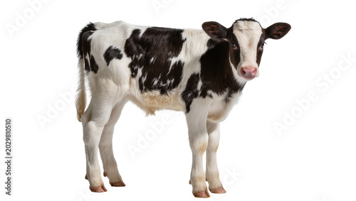 Quadro su tela Young black and white Holstein calf standing, isolated on transparent background