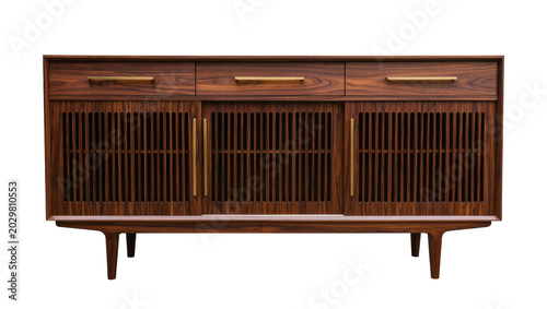 Photos Dark wood mid-century modern sideboard with slatted doors and brass handles, iso