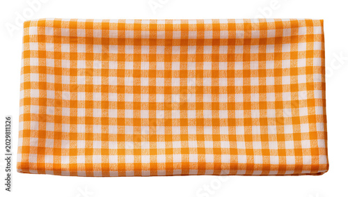 Orange and white checkered gingham fabric folded neatly, isolated on transparent background