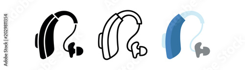 Hearing aid icon set. hearing device, ear support, audio assistance, accessibility, medical aid. line, flat and colored vector icon set.