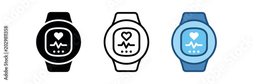 Smartwatch heart rate icon set. wearable health sensor, fitness tracker, pulse monitor, health watch notification. line, flat and colored vector icon set.
