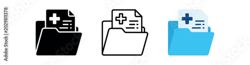 Medical records icon set. patient file, health record, medical folder, electronic chart, healthcare documentation. line, flat and colored vector icon set.
