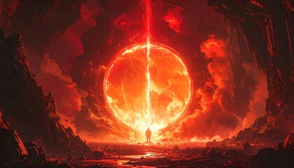 Papier peint photo Bordeaux Person stands before a glowing, fiery sphere in a cavernous landscape  © Mutia