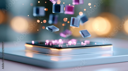 A glowing softly defocused AI neural network platform with floating automation tiles drifts above a clean bright pastel platform in calm daylight neural network faceless