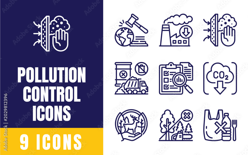 Fototapeta premium Pollution Control Icons Set — Factory Smoke, CO2, Tree, Globe, Environment, Waste Vector Outline Icons for Eco and Climate
