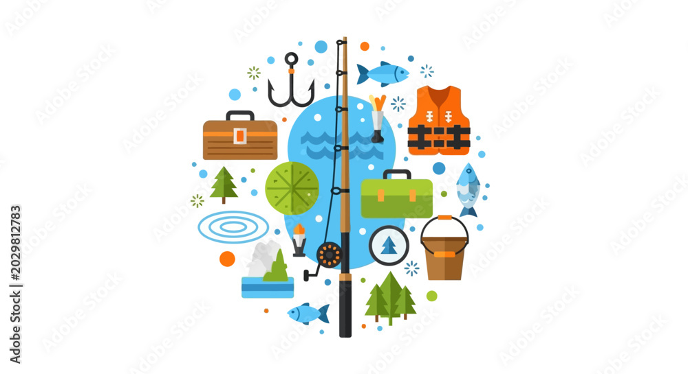 Naklejka premium Flat Vector Fishing Gear and Outdoor Activity Icon Set Design
