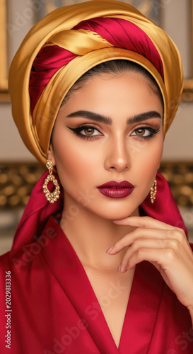 Elegant Indian woman wearing a vibrant gold and burgundy turban, showcasing dramatic eye makeup and luxurious jewelry, conveying grace and sophistication.