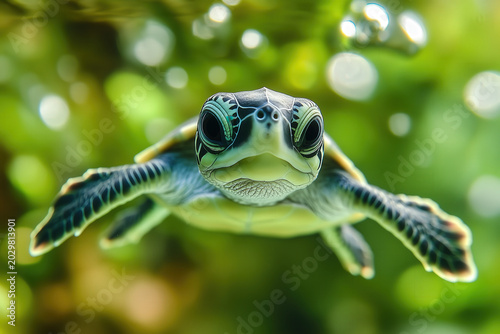 animal by ai, turtle baby underwater swimming in clear water, sea turtles, photorealistic