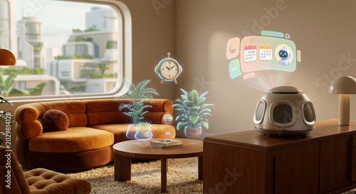 Retro-futuristic living room with holographic projections of plants and a whimsical AI assistant.