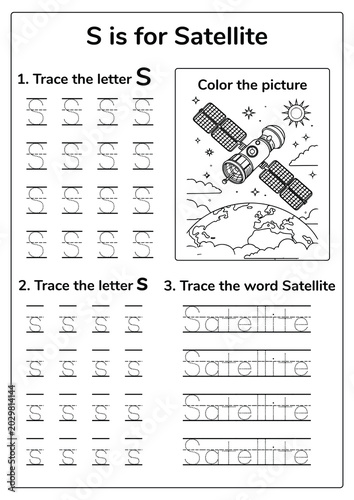 Cute satellite tracing worksheet for kids featuring a space-themed alphabet activity. Educational printable for preschool and kindergarten children to practice handwriting and letter recognition.