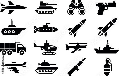 Billede på lærred Vector illustration of military equipment icons grid including tanks, jets, subm