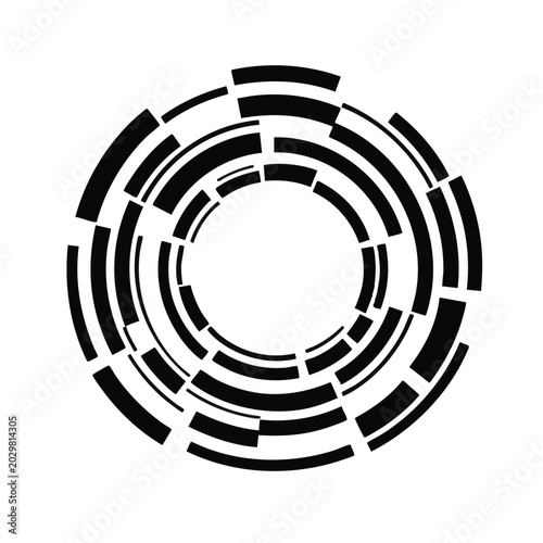 Geometric, black and white circular pattern, maze design, abstract shape, modern graphic element