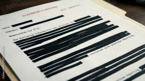 Redacted document showing classified government information with heavy black ink lines covering sensitive text on a white paper page inside a professional office file folder