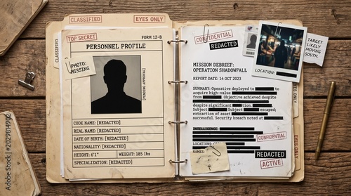 Secret dossier file containing classified personnel profile documents with redacted intelligence reports and mysterious surveillance photographs displayed on a rustic wooden desk surface for analysis