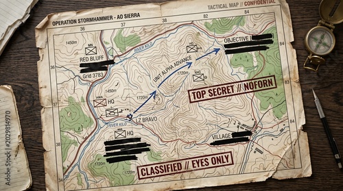 Military map showing tactical operation planning with top secret markings and compass on a wooden desk top in this overhead studio photograph for strategic concepts