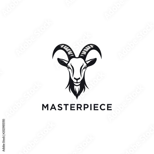Black and white goat head logo with text