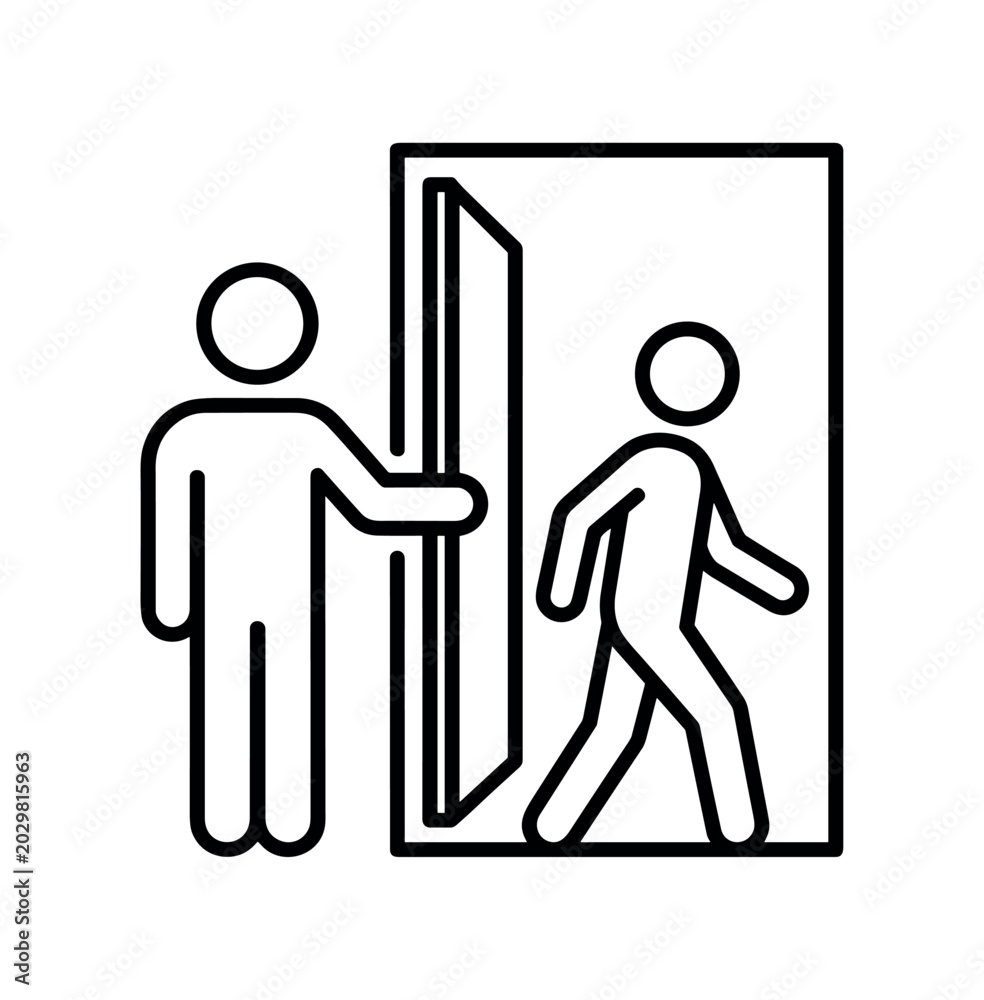 Fototapeta premium Person holding door open icon. courtesy, assist, entrance, polite gesture, access, help. line and flat vector illustration.