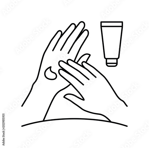 Hand applying cream icon. skincare, lotion, moisturizer, hand care, rub, hygiene, cosmetic tube. line vector illustration.