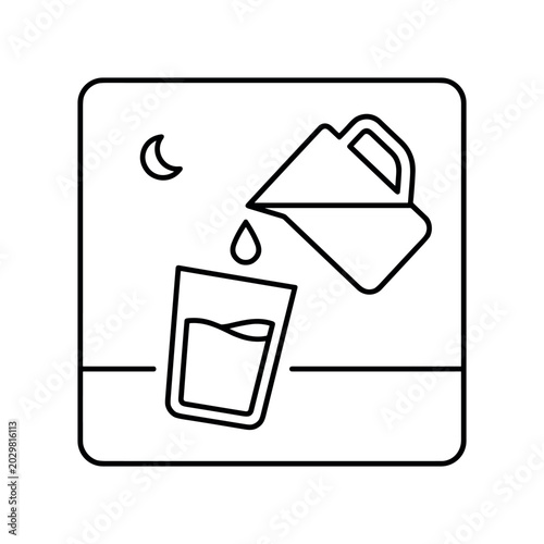 Pouring drink icon. pitcher pouring into glass, juice or water, nighttime moon, beverage, hydration. line vector illustration.