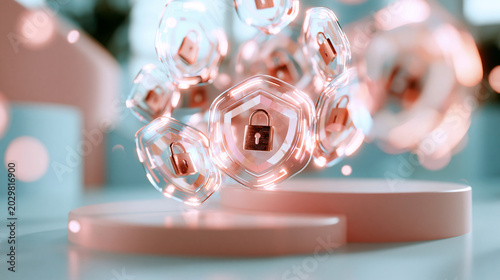 A glowing softly defocused AI cybersecurity hologram with floating shield and lock tiles drifts above a clean bright pastel platform in calm daylight AI cybersecurity faceless