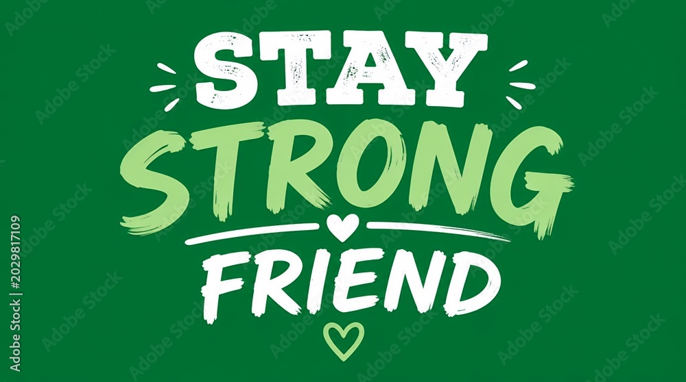 Naklejka premium Inspirational Typography Stay Strong Friend Quote with Heart Icons on Green Background for Motivation and Support