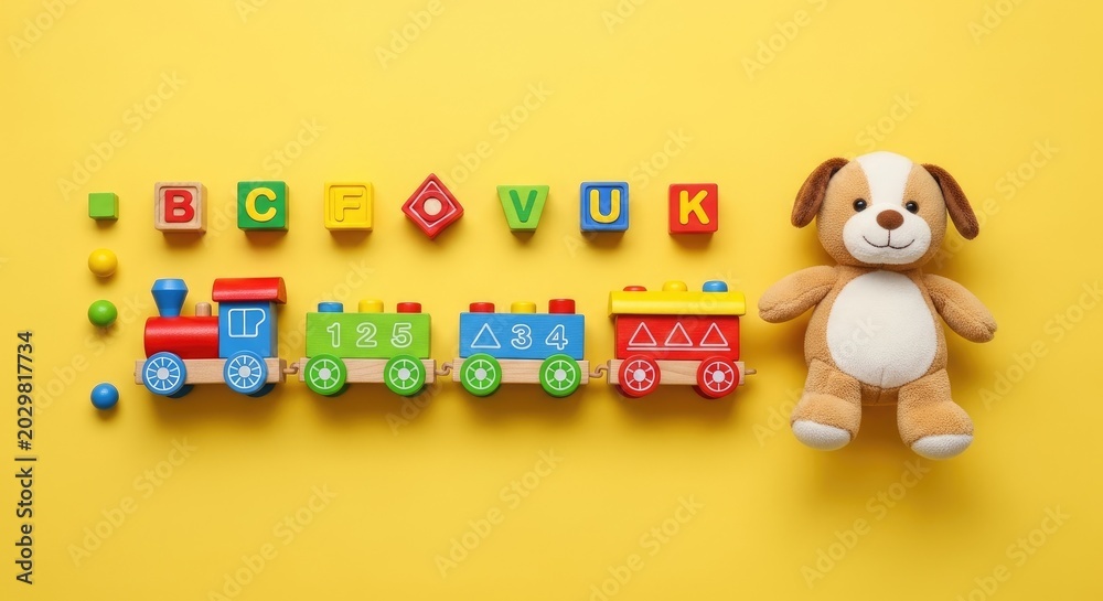 Fototapeta premium Colorful play day wooden train alphabet blocks and plush puppy on yellow background