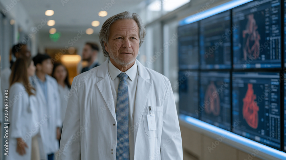 Fototapeta premium Wide hospital corridor scene showing a biomedical engineer walking a group of visiting cardiology residents past a display wall featuring real-time digital twin organ simulation outputs for three cu