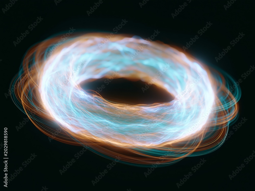 Fototapeta premium Close up digital render of fusion plasma containment visual with swirling blue and orange energy patterns against a dark background, showcasing dynamic light effects