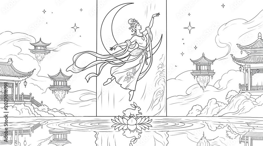 Obraz premium Chang’e flying above lotus beneath crescent moon coloring page — magical Chinese mythological sheet with pagodas and clouds