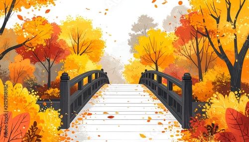 Autumn bridge scene with colorful foliage and fallen leaves