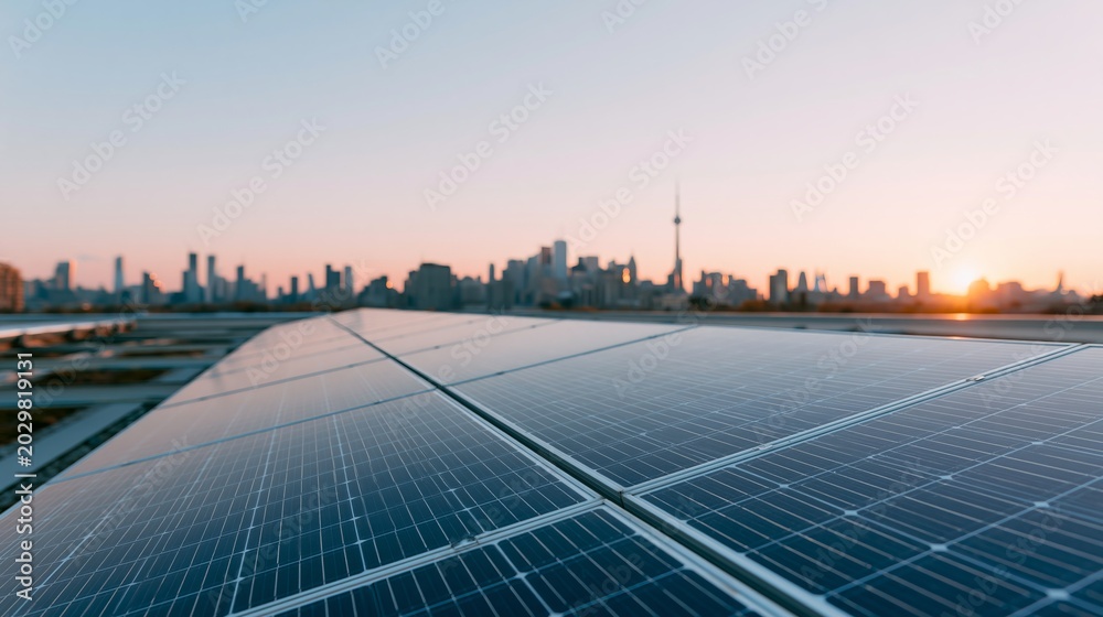 Naklejka premium Solar panels installed on a rooftop with a panoramic view of a modern urban skyline during sunset, featuring skyscrapers and a prominent tower in the distance