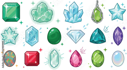 Foto Colorful magic crystal and gemstone collection featuring diamond emerald ruby sa