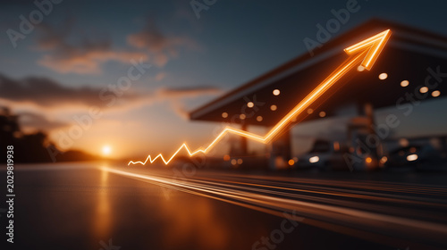 Fuel Price Surge: An illuminated upward trend graph overlays a silhouetted gas station at sunset, visually representing the escalating cost of fuel and its impact on transportation and energy sectors.