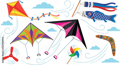 Foto Colorful wind toys collection featuring professional stunt kites diamond kite ko