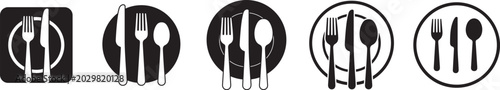 Set of various dining utensils on plate icons  eating symbols