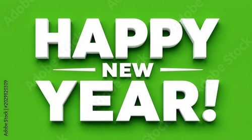 White 3D Happy New Year Text on Bright Green Background - Festive Holiday Greeting Banner